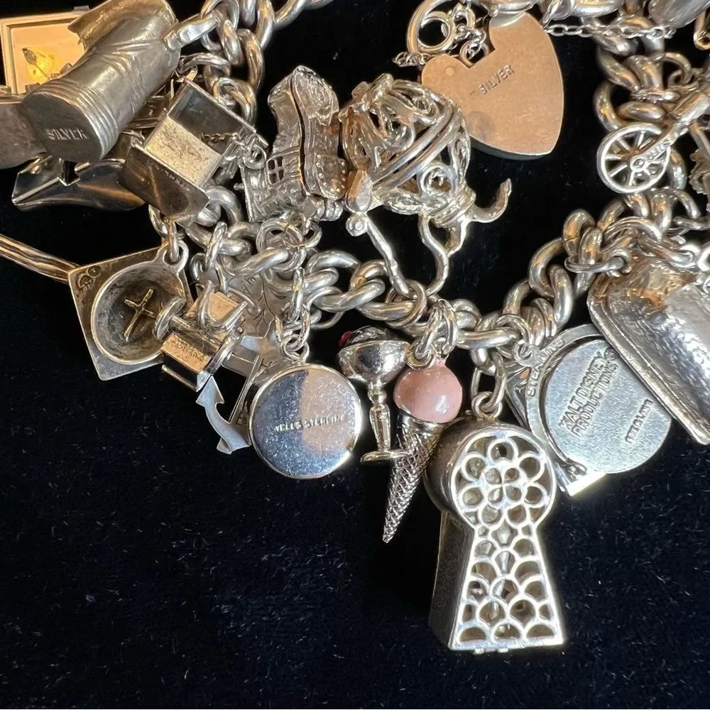 VINTAGE CHARM BRACELET HEART LOCKET TRAVEL 60s 70s STERLING SILVER 925 124G EVC